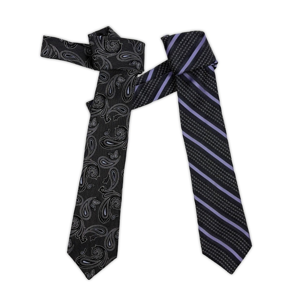 Lot of 2 VTG Hickey Freeman‎ Ties Diagonal Purple Charcoal Stripe Paisley Power